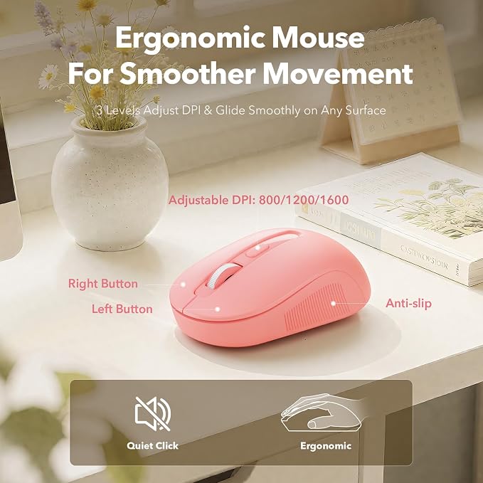 Wireless Keyboard and Mouse Combo, Cute Full-Size Retro Typewriter Keyboard with Round Keycaps, Magnetic Wrist Rest, Tilt Legs, 2.4GHz Cordless for Mac, Windows PC, Laptop, SABLUTE CK23, Baby Pink | Full-Size Retro Typewriter-Style Keyboard, Tilt Legs,...