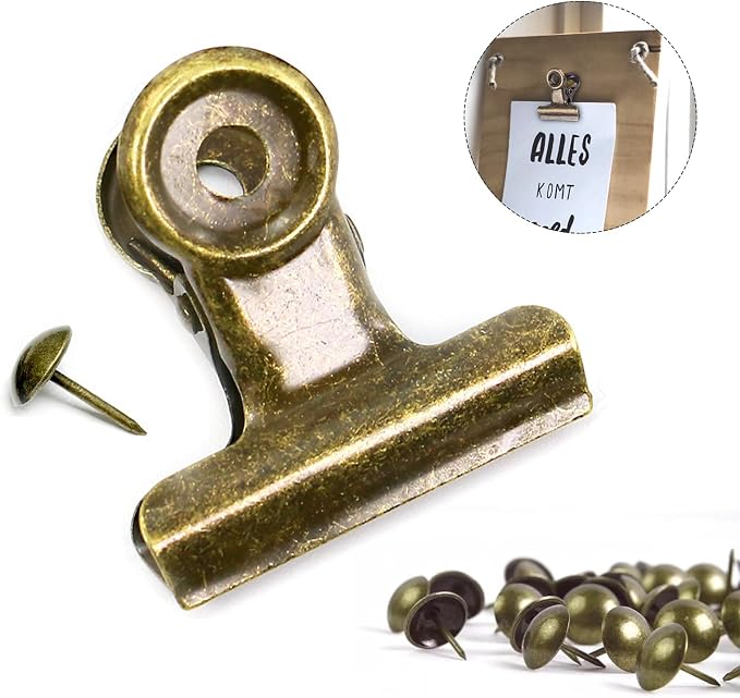 Bulldog Clips with Hole for Push-pin, Paper File Clips with Strong Spring, Small Metal Binder Clips, Seal Clamps for Coffee Tea Food Bags, Decorative Clips for DIY Photo Grid (Bronze, 38 mm)