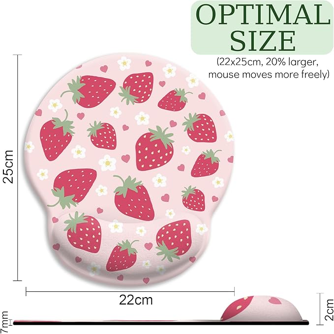 Pink Ergonomic Mouse Pad with Wrist Rest, Gaming Mousepad with Non-Slip Pain Relief PU Base, Cute Pink Strawberry Office Desk Accessories Decor Supplies - Sweet Valentine‘s Day Gift