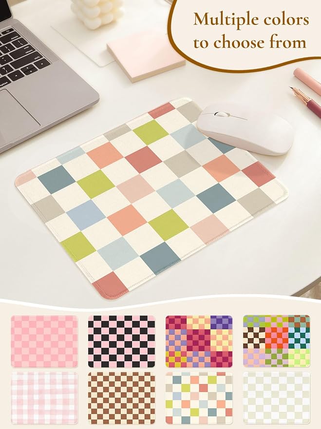 Cute Colorful Mouse Pad,Retro Checkered Pattern Mousepad,Square Aesthetic Waterproof Mouse Mat Design, Non-Slip Rubber Base Funny Boho Small Mouse Pads, Desk Accessories,Beige Light Colors