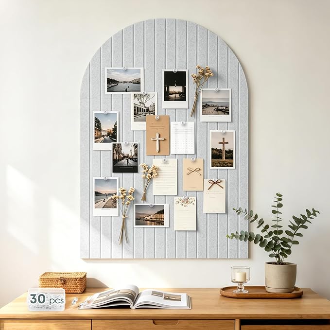 Large Arched Felt Bulletin Board, 35''x24''-6 Pack Cork Board with 30 Pushpins & 48 Residue-Free Adhesive Tabs, Decorative Photo Picture Board for Home Office School Wall