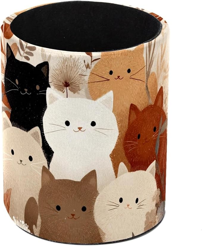 Leather Pen Holder for Desk, Colored Cats Pattern Pencil Cup Pen Organizer Makeup Brush Holder for Office Home Kids Countertop Desk Accessory Storage