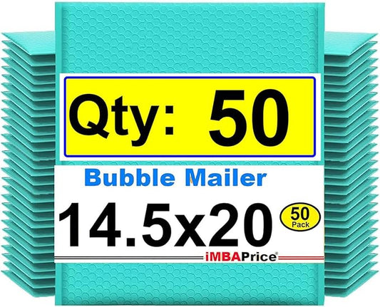 iMBAPrice 14.25x20 Inch Teal Bubble Mailers #7, 50-Pack – Jumbo Padded Poly Envelopes, Self-Seal Polybubble Shipping Bags for Large Fragile Items E-Commerce Packaging