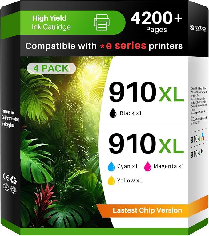 Skydo 910XL Ink Cartridges Combo Pack Compatible for HP 910 XL 8015e 8025e | 910XL Ink Work for HP OfficeJet 8015e 8025e 8022e 8010 8015 OfficeJet Pro 8020 8025 8028e 8035e (BK, C, M, Y, 4 Pack)