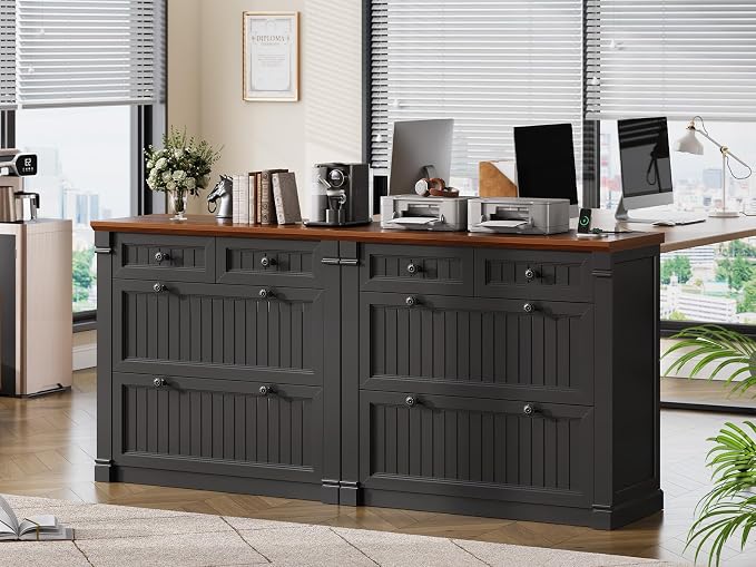 SEDETA 4 Drawers File Cabinet, 33" Farmhouse Filing Cabinets for Home Office fit Legal/Letter/A4 File, Wood Office File Cabinet with Power Outlets, Printer Stand with Storage, Black+Brown