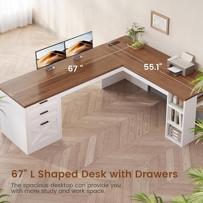SEDETA 67" Farmhouse Executive L Shaped Desk with 3 Drawers | Executive Home Office Desks with Storage Shelves, Corner Computer Desk with Power Outlets for Home Office,White and Brown