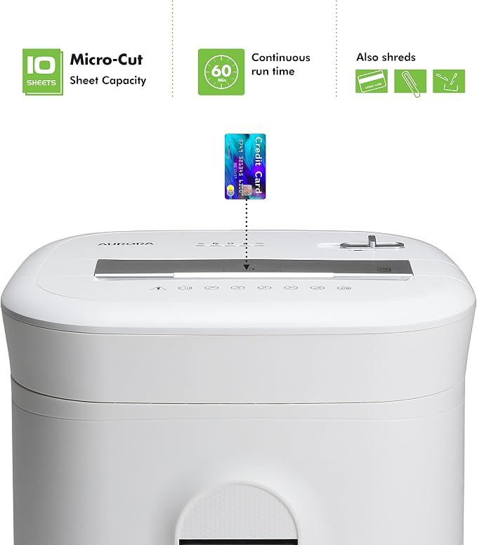 Aurora AU1060MA Professional Grade 10-Sheet High Security Micro-Cut Paper and Credit Card Shredder/ 60 Minutes/Security Level P-5, White, AU1060MA 10-Sheet High Security Microcut