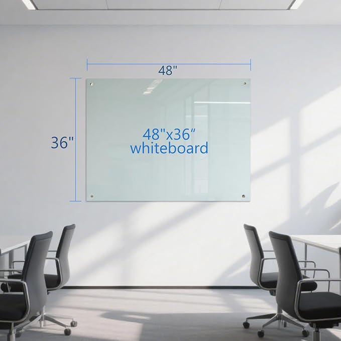 Glass Dry Erase White Board - 48 x 36 Inches Magnetic Glass Whiteboard for Wall Mounted, 4' x 3' Frameless Boards for Classroom Home, Office Supplies