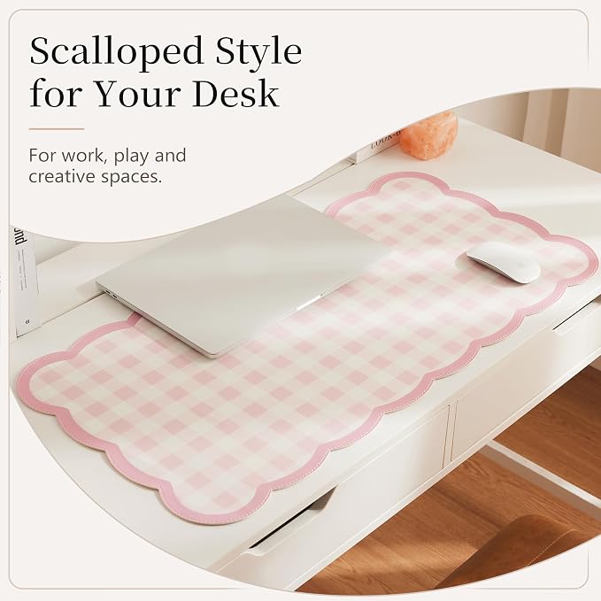 Ohocut Scalloped Gingham Checkered Desk Pad，Pink：31.5" x 15.7" | Large, Premium Faux Leather, Anti-slip Bottom, Water Repellent, Easy to Clean, Aesthetic Trendy Design