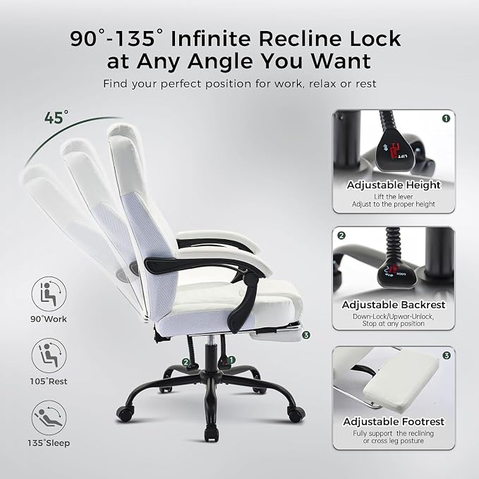 amseatec Big and Tall Office Chair with Footrest, Lumbar Support, White | Ergonomic Leather High Back, Infinite Lock Reclining 90°-135°, 20 Spring Packs, 300lbs Capacity, Executive Desk Chair