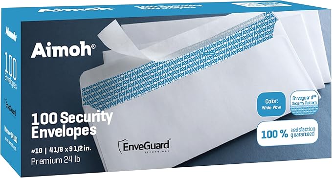Aimoh 100#10 Security Self-Seal Envelopes, Windowless Design, Premium Security Tint Pattern, Ultra Strong Quick-Seal Closure -EnveGuard- Size 4-1/8 x 9-1/2 Inches -White- 24 LB (34010-100)