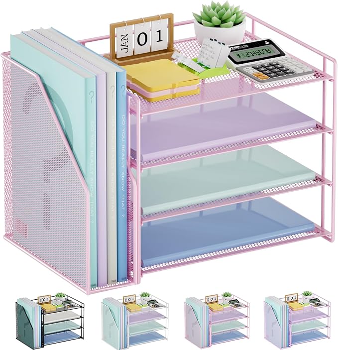 Marbrasse 4-Tier Paper Tray Organizer with File Holder, Pink | Sturdy Paper Tray, Built-in File Holder, fits Letters/Docs, Saves Desk Space, for School/Office/Home