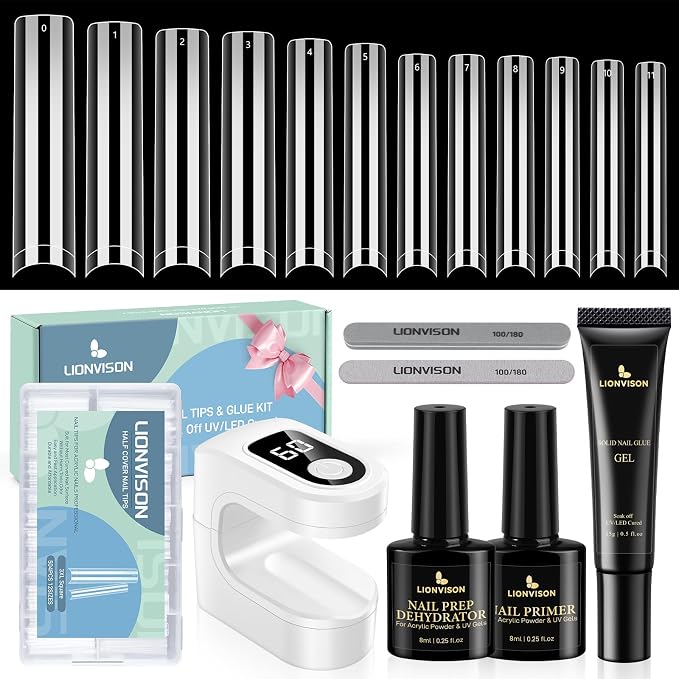 LIONVISON Nail Tips Square Set: 504PCS XXXL No C Curve Straight Tapered Square Nail Tips Extra Long Clear Nail Tips with Nail Extension Glue Gel Prep Dehydrator Primer File UV Curing Lamp for Home DIY