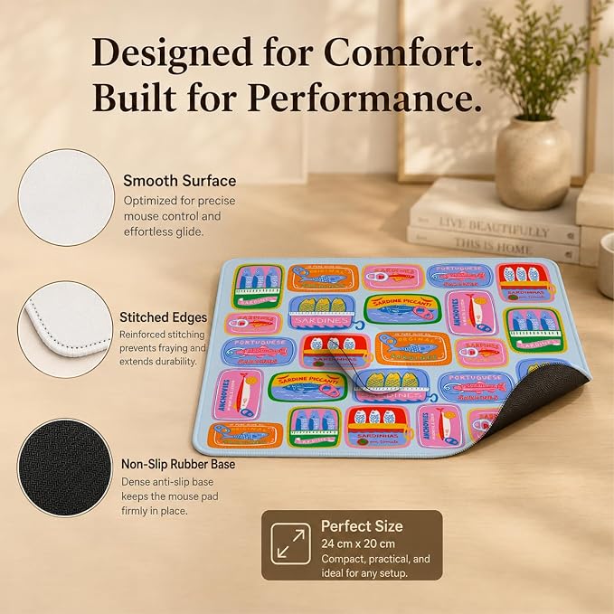 Sardine Mouse Pad Colorful Fish Mousepad for Office | Sardine Mouse Pad with Non-Slip Rubber Base, Stitched Edges for Office, Home, Laptop and Fish Gifts, 9.5x7.9 Inch