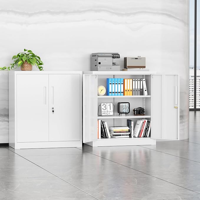 Metal Garage Storage Cabinet, 36" Locking Counter Cabinet with 2 Locking Doors and 2 Adjustable Shelves, Small Steel Cabinet for for Home Office, Gym, School(White)