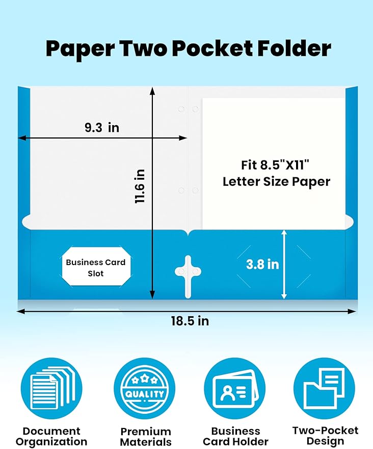 SUNEE Folders with Pockets 3 Hole Punched(50 Pack, Blue), 2 Pocket Folders Fit Letter Size Paper, Paper File Folder for School Office Home Bussiness