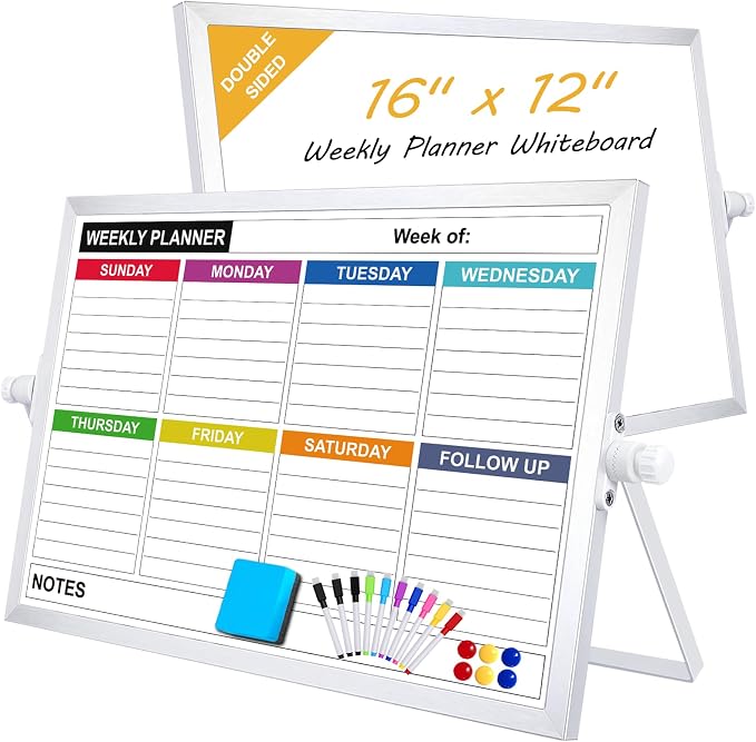Weekly Calendar Whiteboard, Small Desk White Board, Dry Erase Board | 16" x 12" Weekly Planner Dry Erase Board with Stand, Desktop Small White Dry Erase Board for Home, School, Office