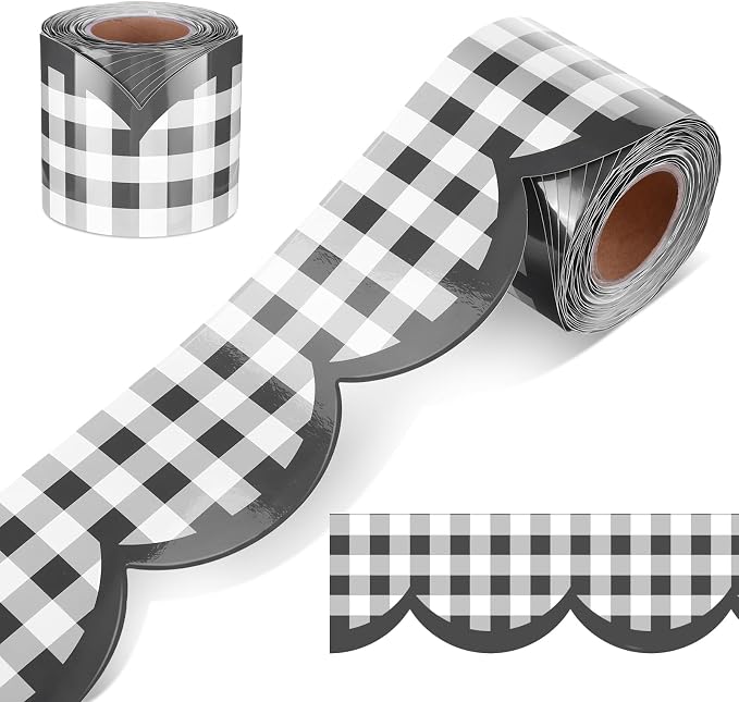 Zonon 65ft Black and White Gingham Bulletin Board Border,3 inch | Scalloped Edge Trim for Classroom Walls, Whiteboards, Desks, Windows, Doors, Lockers, Back to School Decoration Supplies