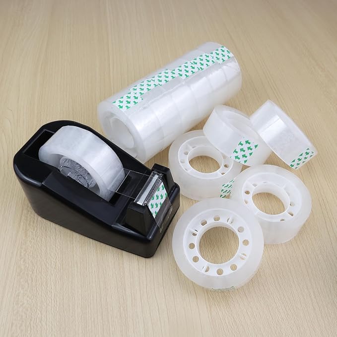Desktop Tape Dispenser,1 Pack Black Tape Dispensers with 12Rolls Transparent Tape, for Packaging in Office,Restaurant, Flower Shop,Cake Shop (Black)