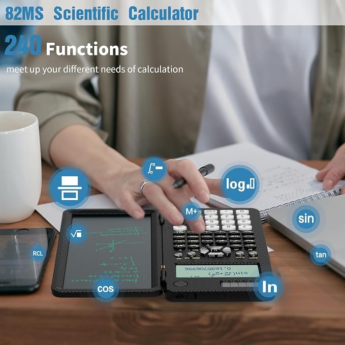 82MS Scientific Calculator 240 Functions 2-Line Display for Middle Students | ROATEE Scientific Calculator with Notepad, Middle and High Students Back to School Supplie, Foldable Solar & Battery Power