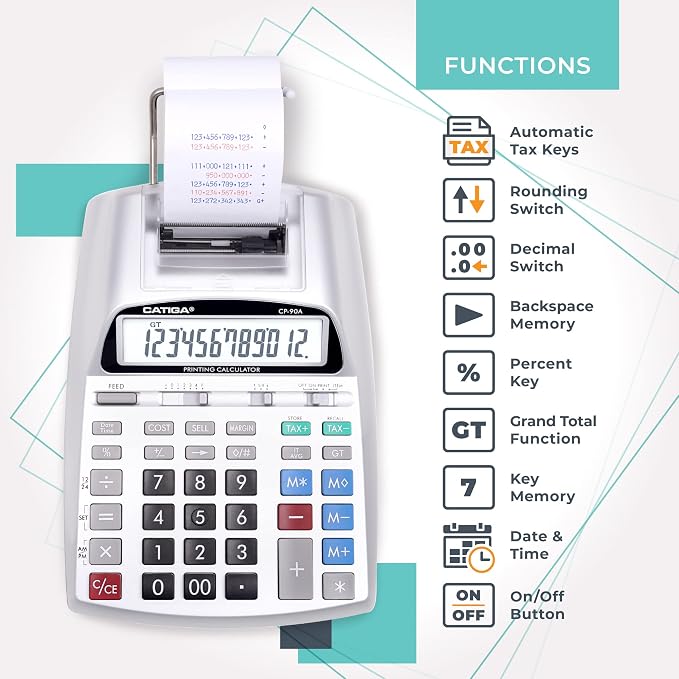 CATIGA Printing Calculator with Tape Print Out - 10 Key Adding Machine with Paper Roll, Desktop Electric Calculator for Accounting, Business, Finance, Home Office Use CP90A