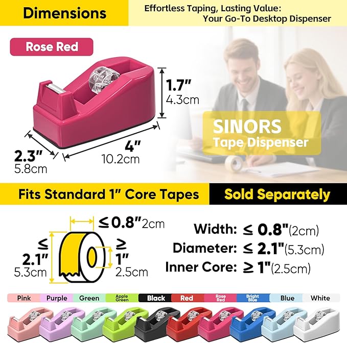 Desktop Office Tape Dispenser, Fits Standard 1-Inch Core Tapes, Weighted Non-Slip Base, Sharp Metal Blade, Smooth Cutting, Adhesive Roll Holder for Office, School, Shop, Home & Business - Rose Red
