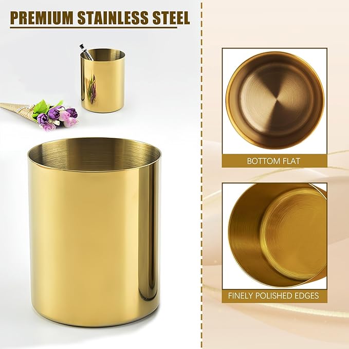 Gold Pen Holder for Desk, 3.9 Inch Stainless Steel Pencil Cup & Makeup Brush Organizer, Multi-Purpose Office and Vanity Desk Accessory for Women, Elegant Gold Home Decor