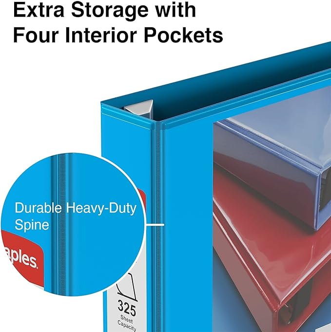 Staples Heavy-Duty 1.5-Inch D-Ring View Binder, Reinforced Spine, Holds Up to 350 Sheets, Light Blue, for Office & School