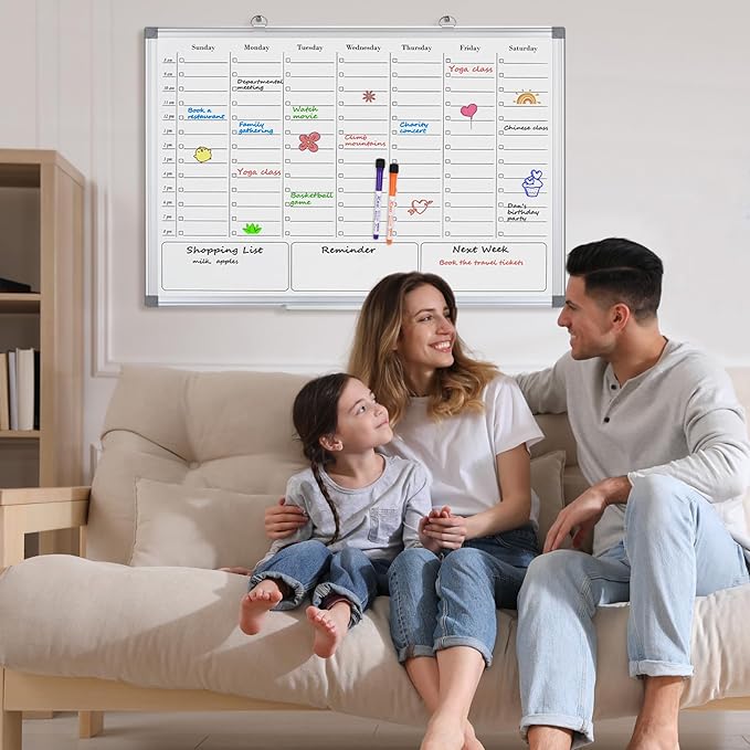 Weekly Calendar Dry Erase Board for Wall, Hanging 36"×24" Double-Sided Magnetic Whiteboard with Hourly Slots, for Planning, Memo, to Do List, Home, Office, Work