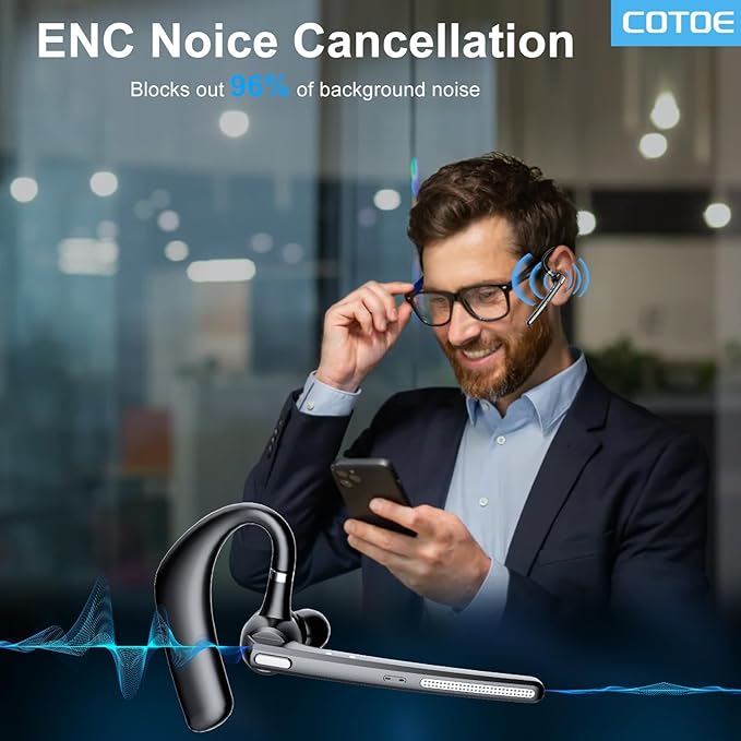 Bluetooth Headset V5.3, Wireless Earpiece with 500mAh Charging Case 72 Hrs Talking Time Hand-Free Headphones with Noise Canceling Mic for Office/Driving/Business/Trucker,Black
