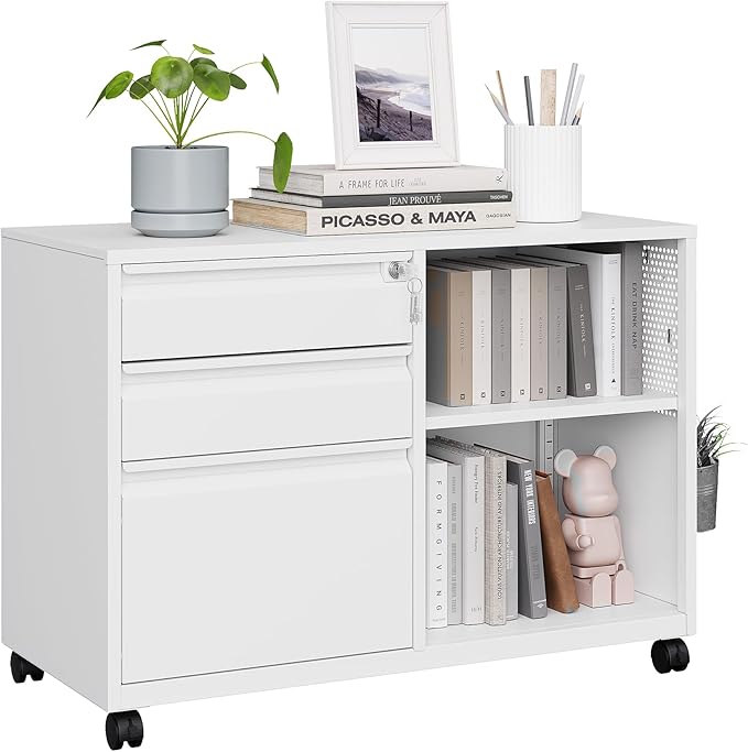 MIIIKO 3 Drawer File Cabinet with Lock, Metal Lateral Rolling Printer Stand Filing Cabinets for Home Office Storage,A4, Letter,File Folders(White)