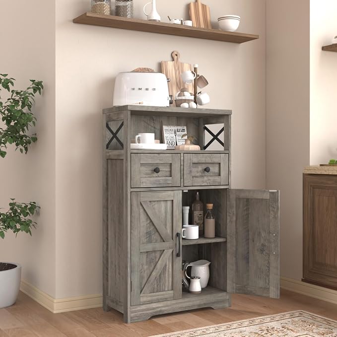 Befrases Farmhouse Storage Cabinet with Drawers and Shelf, Freestanding Kitchen Pantry Hutch for Kitchen, Living Room, Home Office, Rustic Grey