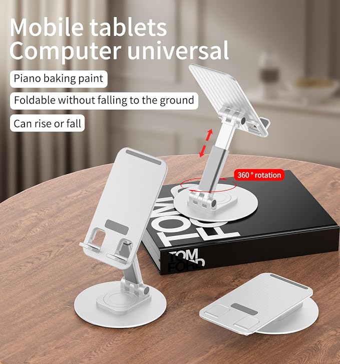 360° Rotating Cell Phone Stand for Desk (White, K39B) | Adjustable & Foldable Phone Holder, Aluminum Desktop Phone Stand with Anti-Slip Base, Phone Holder for Desk