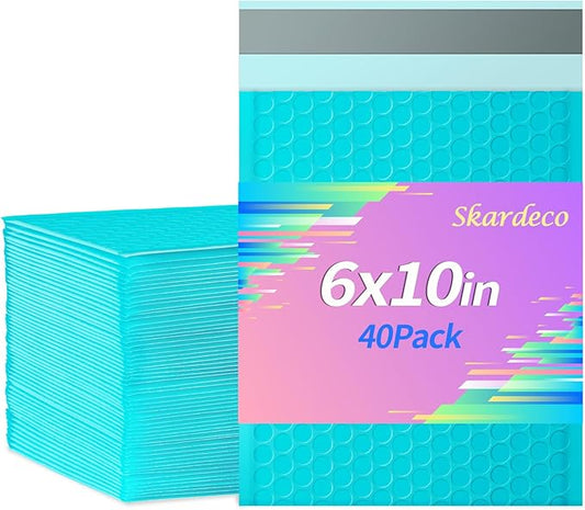 6x10 Inch Teal Bubble Mailers 40 Pack Self-Seal Poly Padded Envelopes Suitable for Small Businesses to Package and Mail Jewelry Cosmetics, Electronic Products, Cards (Teal, 6x10-40)