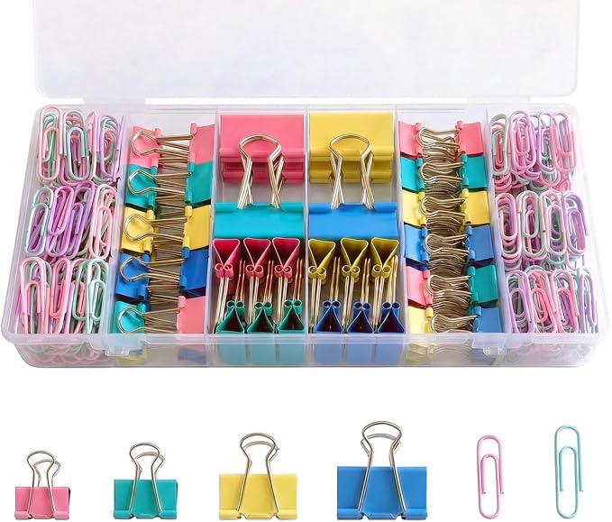 276Pcs Paper Clips and Binder Clips Assorted Sizes，Colored Binder Paper Clips Office Clips Office Supplies, Large Medium Small Paper Clamps PaperClips for Home School Business in a Container (Colored)