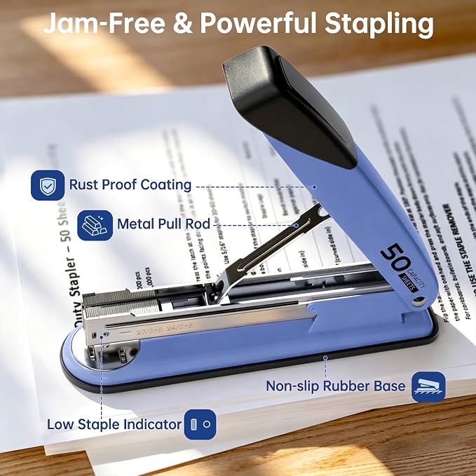 Metal Stapler Heavy Duty for Desk - 50 Sheet Capacity with 2000 Pieces 1/4", 5/16" Staples and Staple Remover, No Jam, Non-Slip, Stapler Heavy Duty for Classroom and Office, Blue