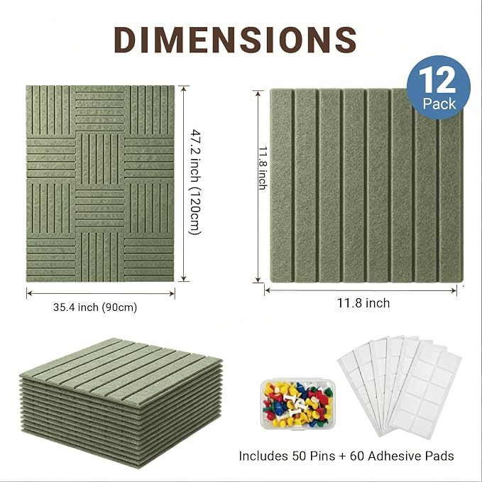 48" x 36" Large Felt Bulletin Cork Board 12PCS 60 Adhesives 50 Pushpins | Bulletin Board Pin Board, Sound-Dampening Damage-Free Mounting, Dorm Essential Wall Decor for Home & Officice, Light Green