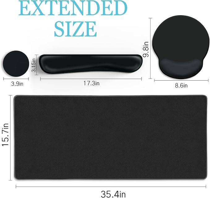 LIMKRIAN Black Large Mouse Pad Set, XXL Desk Matt for Desktop Decor | Ergonomic Wrist Rest Mouse Pad, Computer Keyboard Mat Wrist Support, Coaster, Gaming Mousepad Home Office Desk Accessories