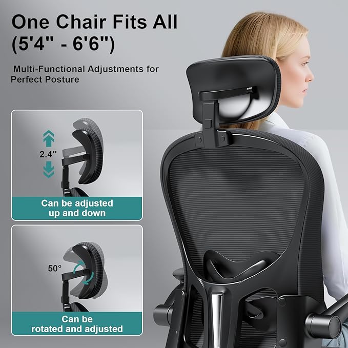 Mesh Office Chair with Adjustable Lumbar Support and Headrest, Ergonomic High Back Task Chair for Home Office, Flip-Up Arms 90-120° Tilt Lock Rolling Swivel Work Chairs (White-Black6065)