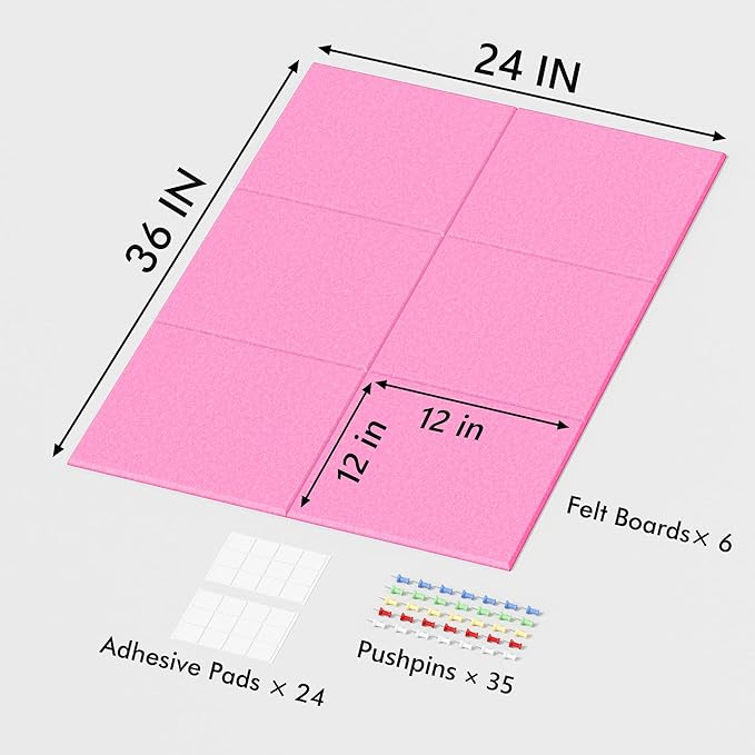 Large Cork Board for Wall, 36" x 24" Bulletin Board with Pushpins, 6 Panels Felt Tiles Tack Push Pin Board for Office, Pink