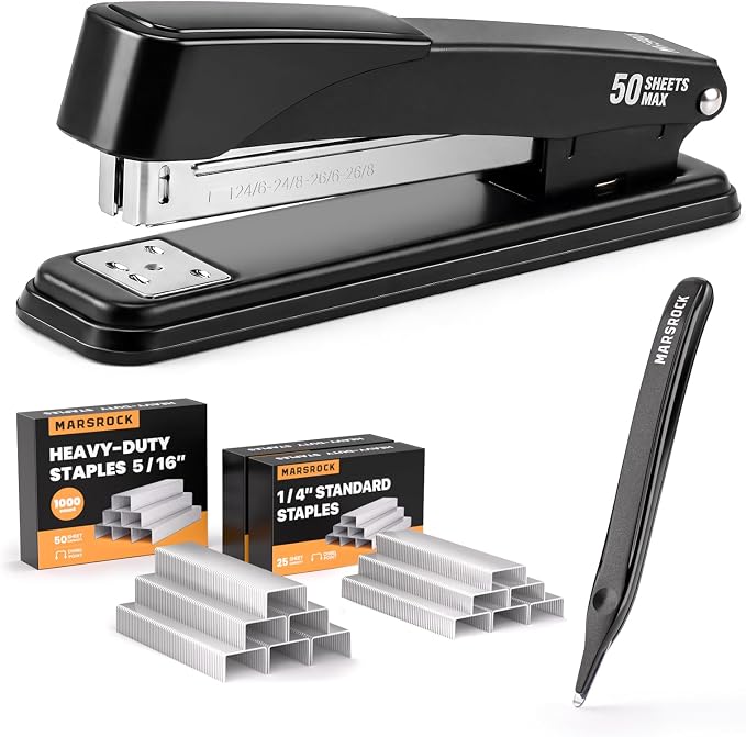 Marsrock Heavy Duty Stapler for Desk with 50 Sheet, 3000 Staples, Black | Office Stapler, Classroom Stapler, Teacher Stapler, Full Strip Desktop Stapler, Easy to Load & Magnetic Staple Remover