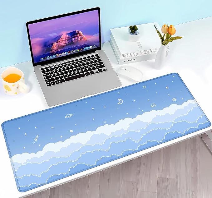 Cute Pastel Blue Desk Mat, Minimalist Large Gaming Mouse Pad Mousepad for Laplop, Kawaii Anime Desk Pad, Gradient White Clouds Computer Pads, Aesthetic Stars Moon Deskpad, 31.5 X 11.8 Inch