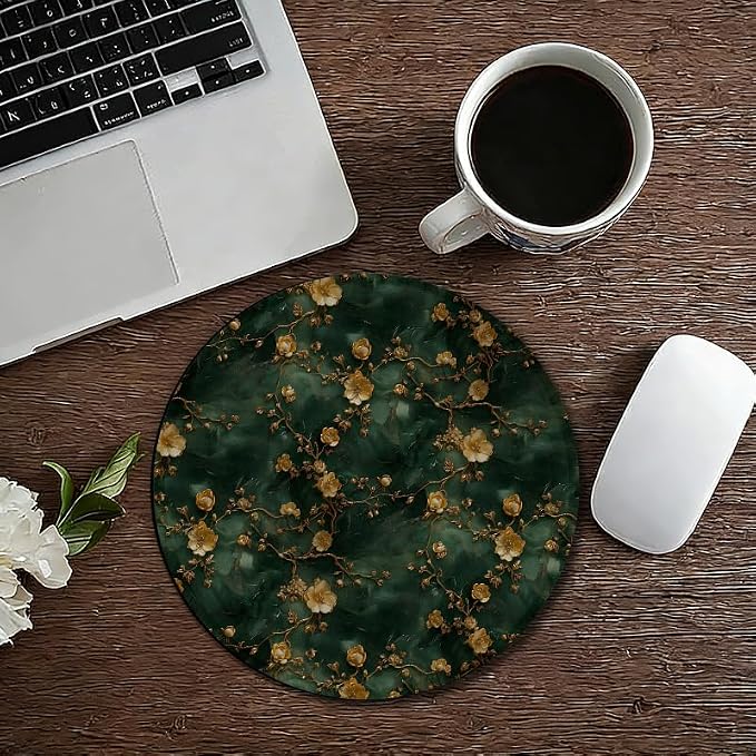 Golden Cherry Blossom Round Mouse Pad, Dark Green and Gold Marble Chinoiserie Floral Mousepad Mat for Home Office Computer Laptop Desk Accessories 7.9x7.9 in