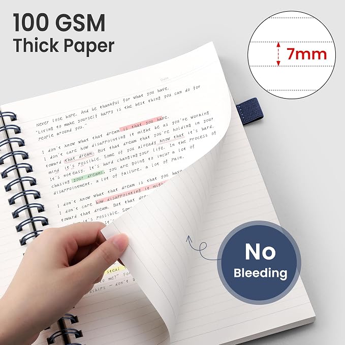 EMSHOI Lined Spiral Journal Notebook, 300 Pages, A5 Size (5.7'' x 8.2'') | College Ruled, 100 GSM Thick Paper, Flexible Plastic Cover, for School, Writing, Work, Office & Journaling (Navy Blue)