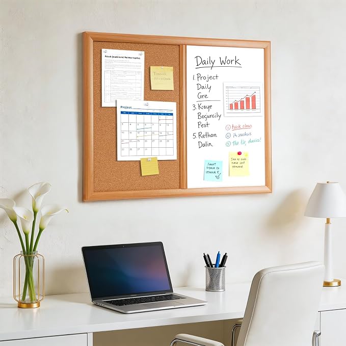 Cork Board White Board Combo with MDF Wood Frame | 24 x 18 Inch Bulletin Board, Magnetic Dry Erase Board & Corkboard for Wall, Vision Board for Home, Office, School