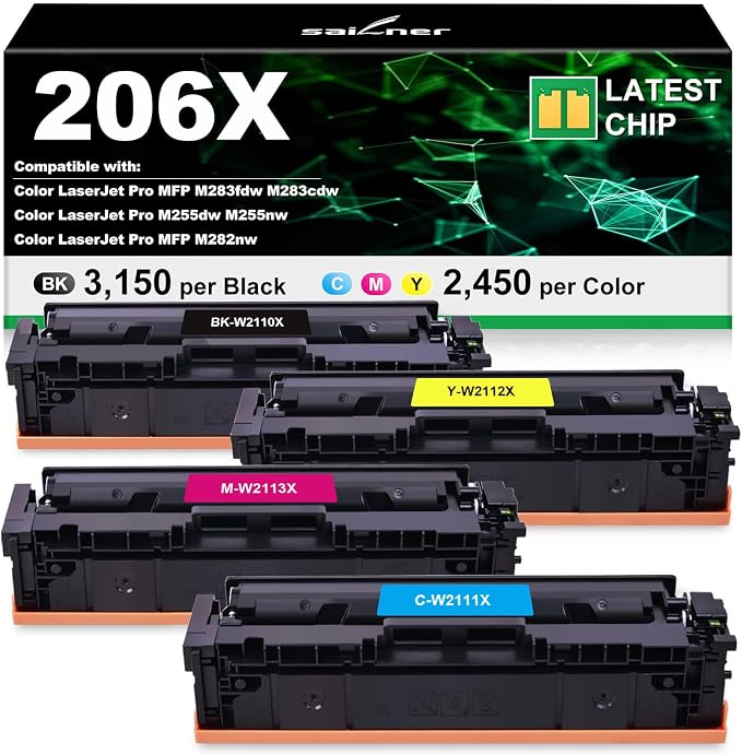 SAILNER Compatible 206X Toner 4 Pack Replacment for HP 206X 206A M283fdw | Compatible with HP Color LaserJet Pro MFP M283fdw M283cdw M283fdn M255dw M282nw Printer with Chip (Black Cyan Yellow Magenta)