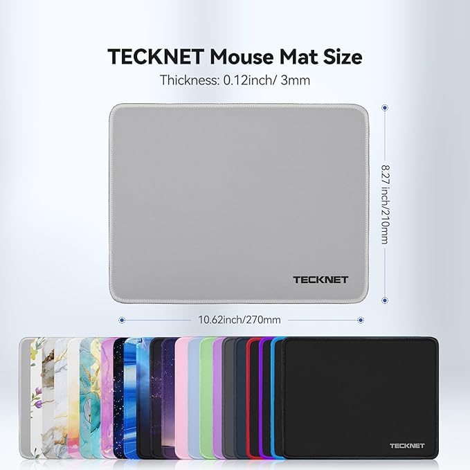 TECKNET Mouse Pad with Anti-fray Stitching, Waterproof Surface & Non-Slip Rubber Base with Stitched Edges Gaming Mouse Mat for Laptop，Compatible with Laser and Optical Mice - Grayish White