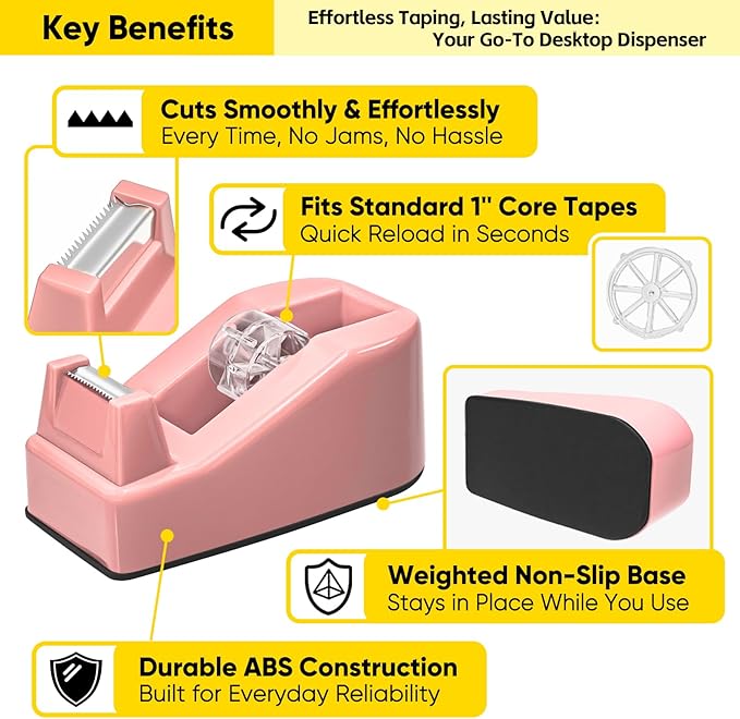 Desktop Office Tape Dispenser, Fits Standard 1-Inch Core Tapes, Weighted Non-Slip Base, Sharp Metal Blade, Smooth Cutting, Adhesive Roll Holder for Office, School, Shop, Home, Business - Pink