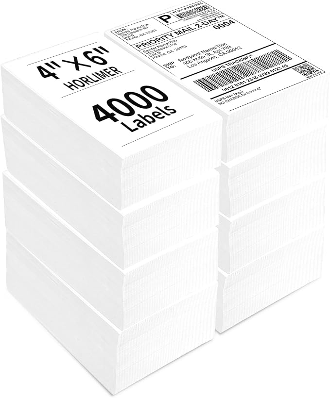 HORLIMER 4000 Pcs 4x6 Thermal Labels, 8 Stacks Shipping Paper Label | 4" x 6" Commercial Grade, BPA-Free, Perforated with Strong Adhesive Label for Mailing, Shipping Package