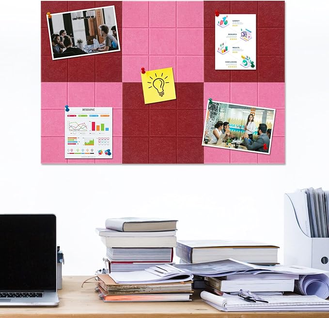 Large Square Felt Cork Board Tiles, Self Adhesive DIY Felt Bulletin Board Pin Board with 35 Pushpins for Office School Home Wall Decor Stickers Memos Photos Display (Red & Pink)